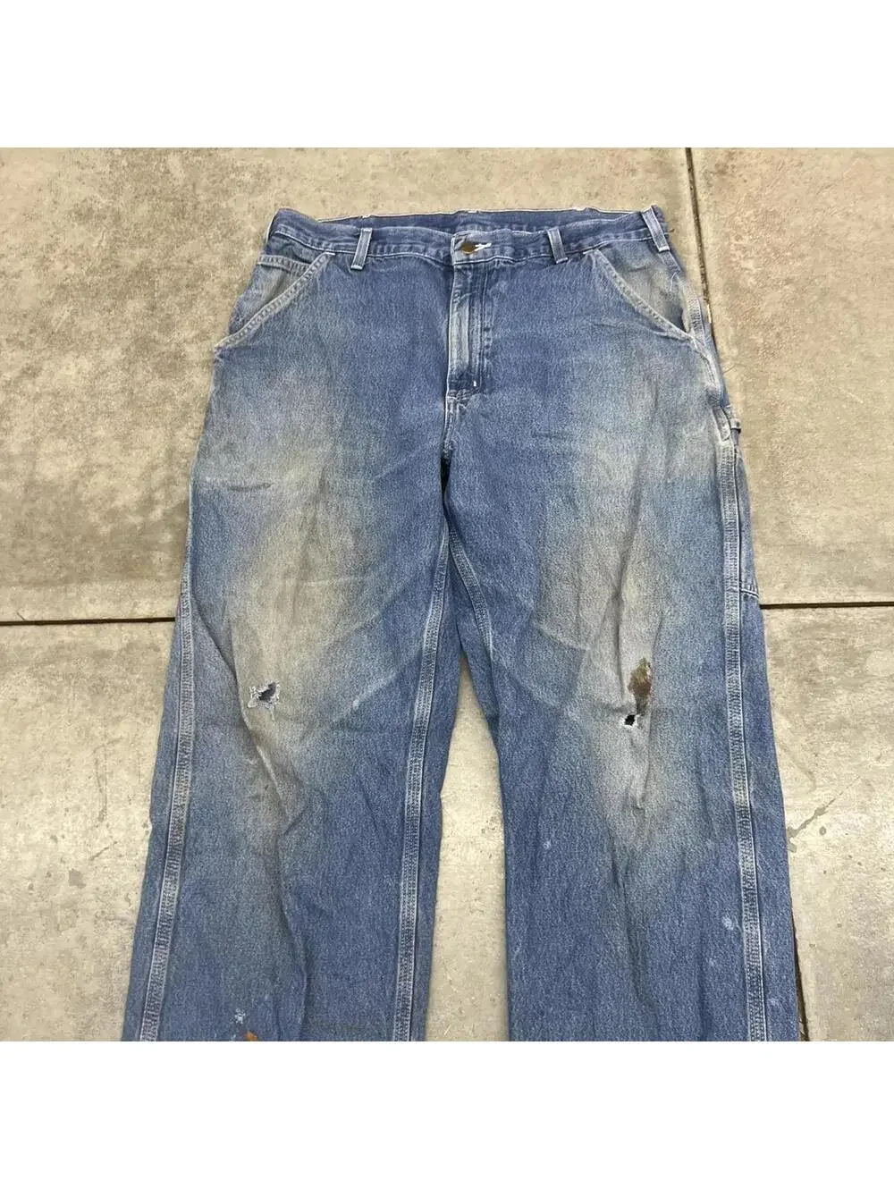 vintage carhartt faded blue relaxed baggy fit dungaree carpenter jeans 38 x 32